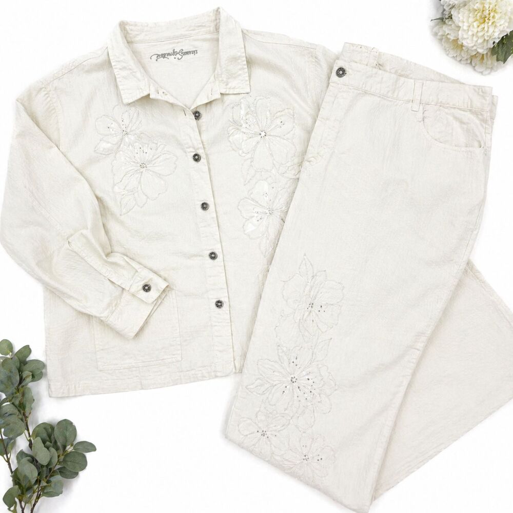 Sag Harbor 2 Pc Set Womens 3X Ivory Embroidered Jacket Pants Plus Size